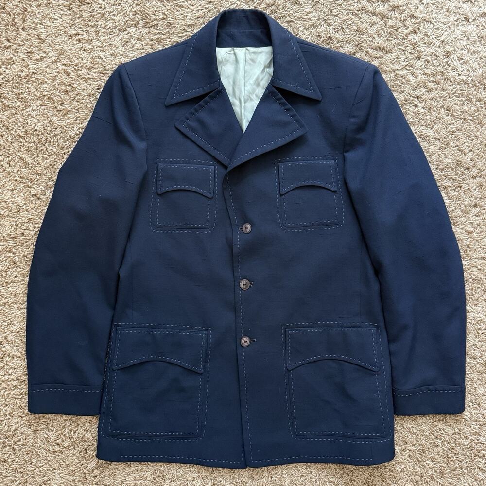 Vintage 70’s Le Baron Button Up Suit Jacket 4 Pocket Navy Blue Men’s Size Large